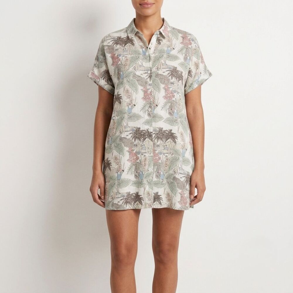 Rachel Zoe Linen Shirt Dress Womens Large Button Front Hawaiian Tropical Mini
